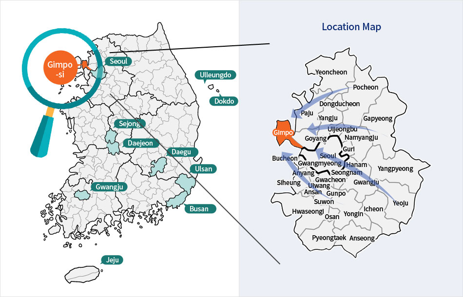 Population : 498,509 (as of March 2021 [including foreigners]) / Size : 276.606 km2 / Location : -Located at the mouth of Hangang River, to the northwest of Gyeonggi-do Province, -5 minutes from Gimpo International Airport, 30 minutes from Incheon International Airport, - Only 20 minutes to Yeouido, Seoul when traveling by roads around Hangang River / Topography : -A city and local tourism complex connecting the southern and northern regions of the Korean Peninsula as well as the inland and ocean, -A city wholly surrounded by rivers and canals, -Gimpo Plains, long renowned as a breadbasket of Korea, -To the north, across Hangang River, is a view of North Korea’s Gaepung-gun